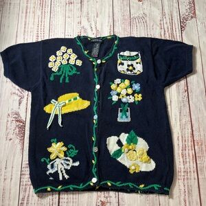 Vintage Eagle Eye Floral Embroidered short sleeve Navy Cardigan